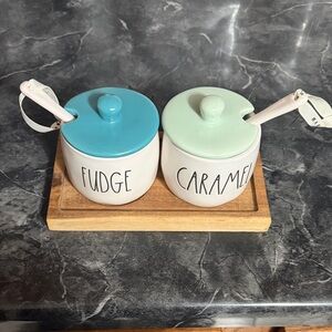 Ceramic fudge and caramel Bowl Set with Spoons - Blue and Green